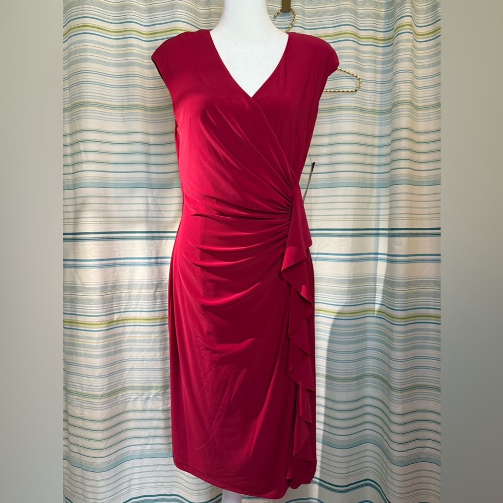 Womens American Living Red V Neck Wrap Dress Sz 8 Ruffle Stretch NWT NEW vneck - Picture 4 of 12